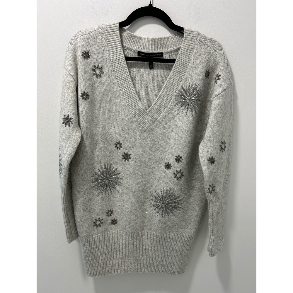 White House Black Market Heather Gray Beaded Snowflake V-Neck Sweater Medium